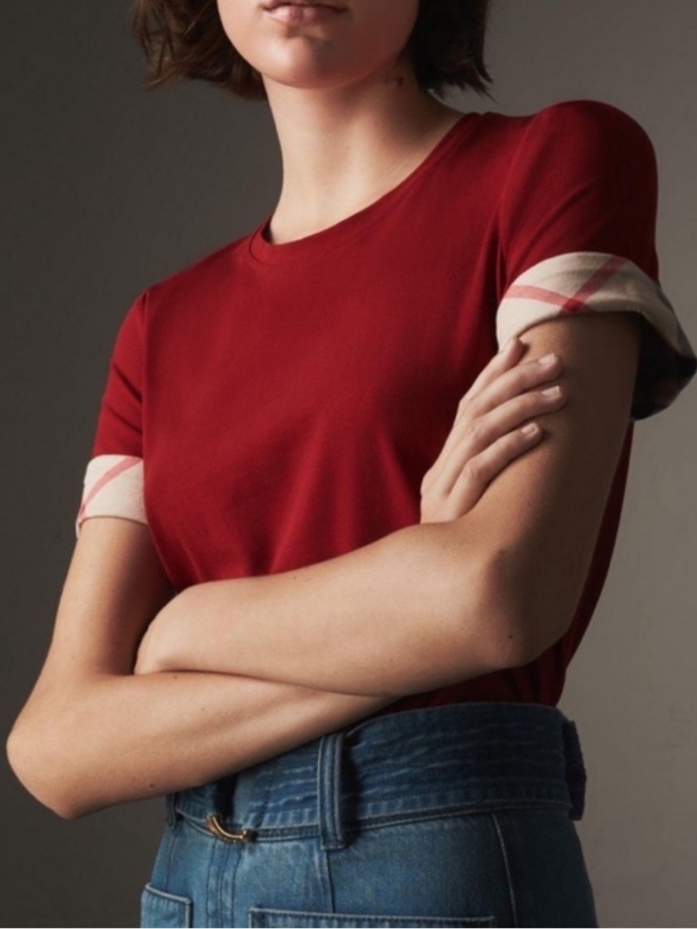 Burberry Brit Cotton Knit Nova Check Detail Roundneck T-Shirt Lacquer Red